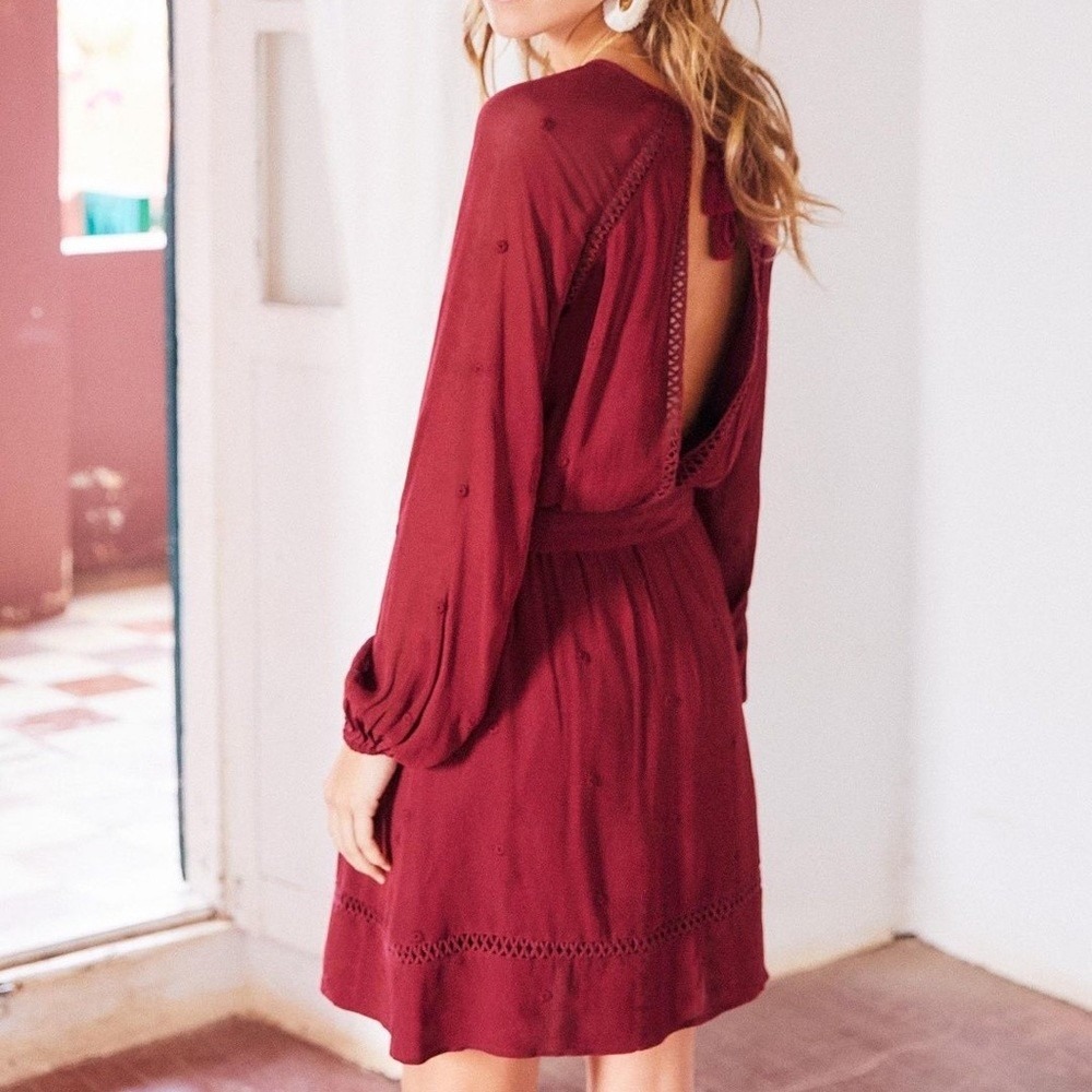 Sezane Aurelia Mini Dress in Burgundy Long Sleeve Floral Embroidered Size 38
